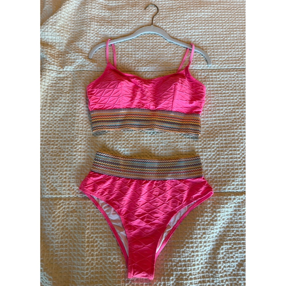 Cupshe Pink Textured High Waisted Bikini Set Chevron Band Size‎ L NWT